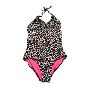 Girls 7 Brown Black Leopard Print Pink Lined Halter Ruffle One Piece Swimsuit